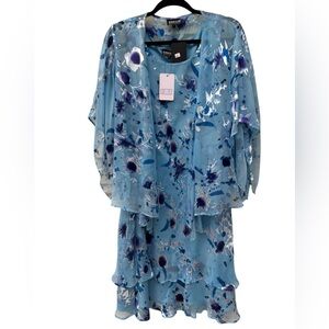 2Piece Set Blue Silk Floral Dress Sheer Overlay Sz Large NWT layered hem